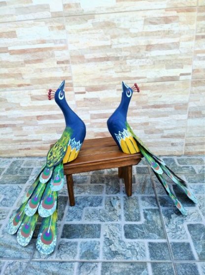 Kit Casal Escultura Pavão em Madeira Artesanal -AZUL - Imagem 4