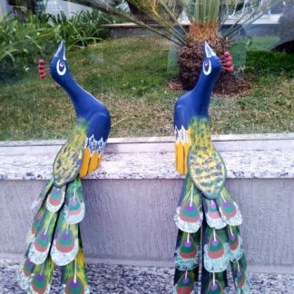 Kit Casal Escultura Pavão em Madeira Artesanal -AZUL